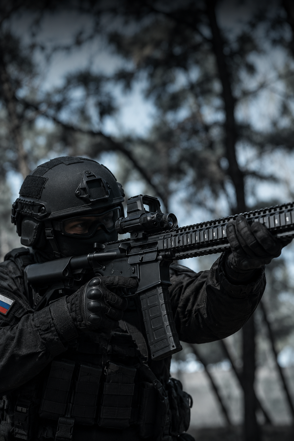 Оператор с прибором на оружии в полевых условиях